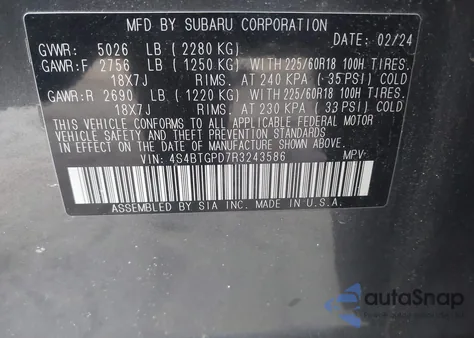 2024 Subaru Outback Touring Xt from USA, damaged, VIN 4S4BTGPD7R3243586